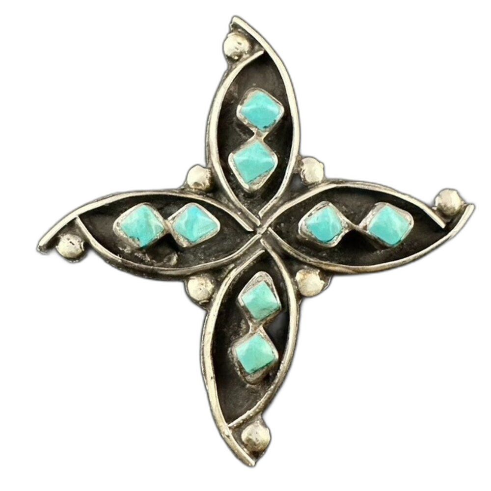 Vintage Zuni Native American Sterling Silver Turquoise Brooch Pin